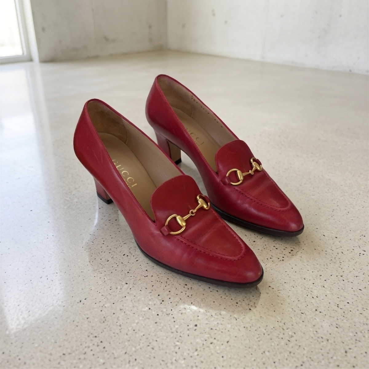 Vintage Red Gucci Heeled Horsebit Loafers