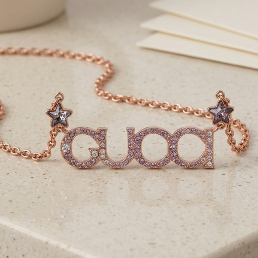 Rose Gold Gucci Crystal Script Necklace