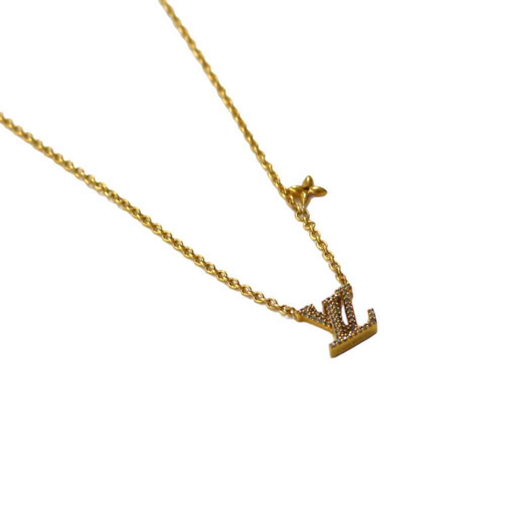Gold Louis Vuitton Iconic rhinestone necklace, angled front view
