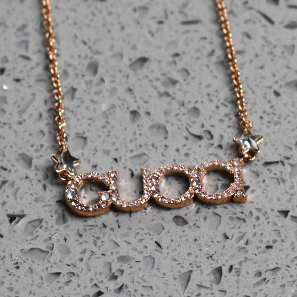 Rose Gold Gucci Crystal Script Necklace
