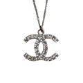 Silver Chanel CC necklace with rhinestone diamante pendant, close-up front view