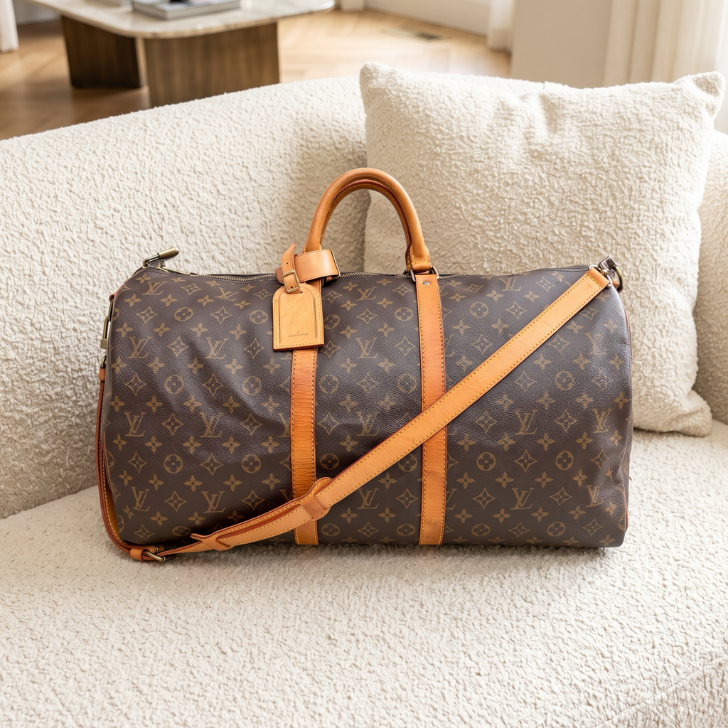 Vintage Louis Vuitton Bandoulière 55 holdall styled on a couch