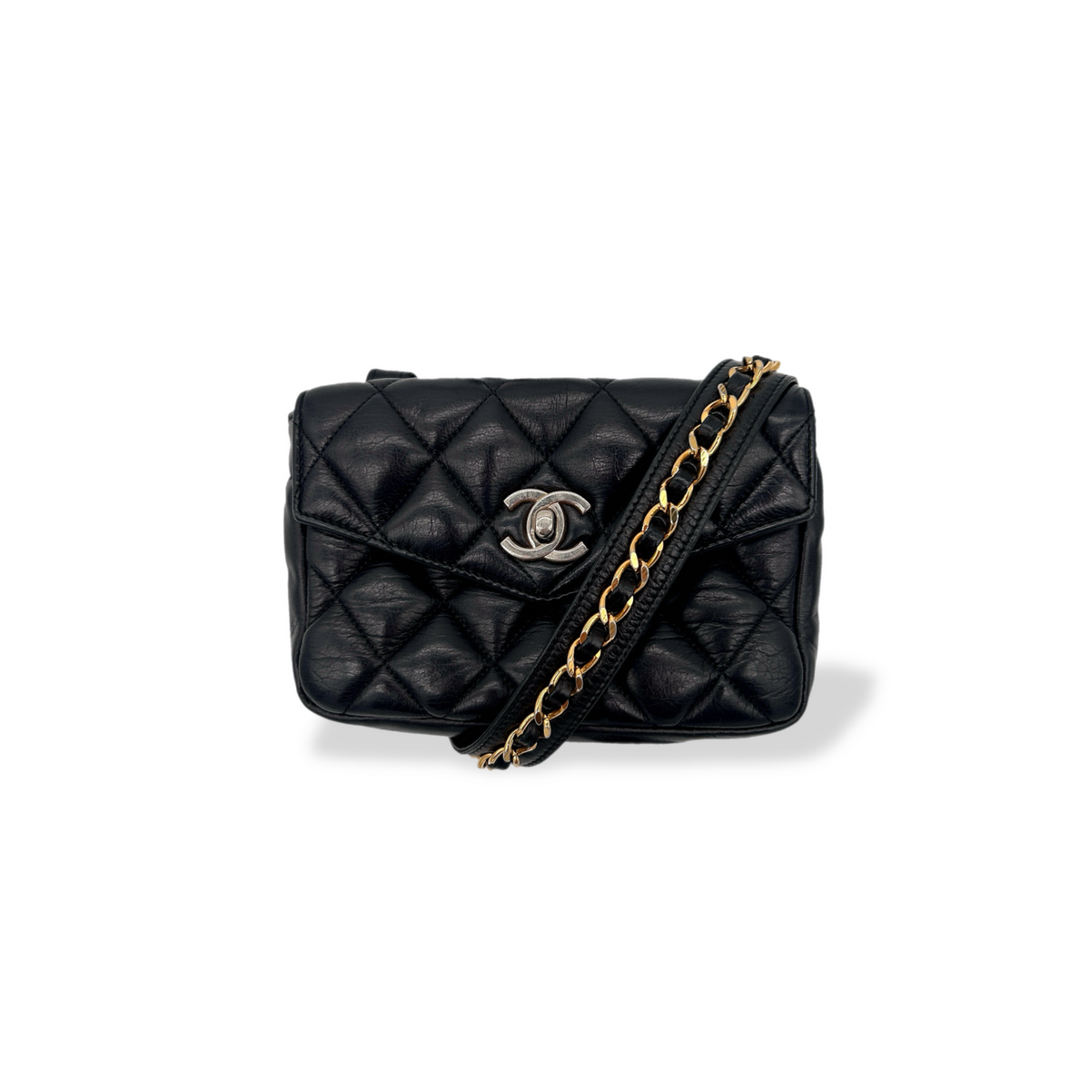 Vintage black Chanel Turnlock belt bag with strap, alternate front view