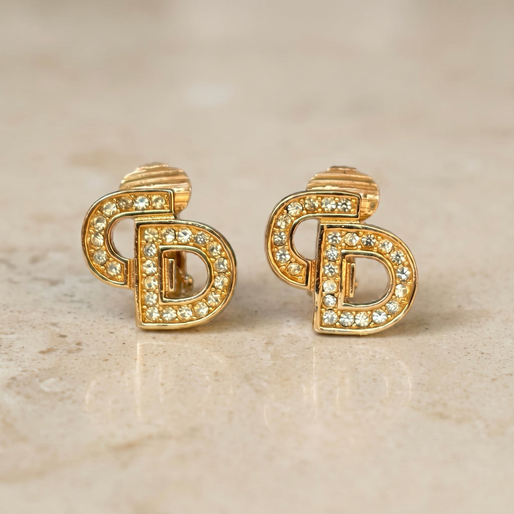 Vintage Gold Christian Dior Rhinestone Clip Earrings