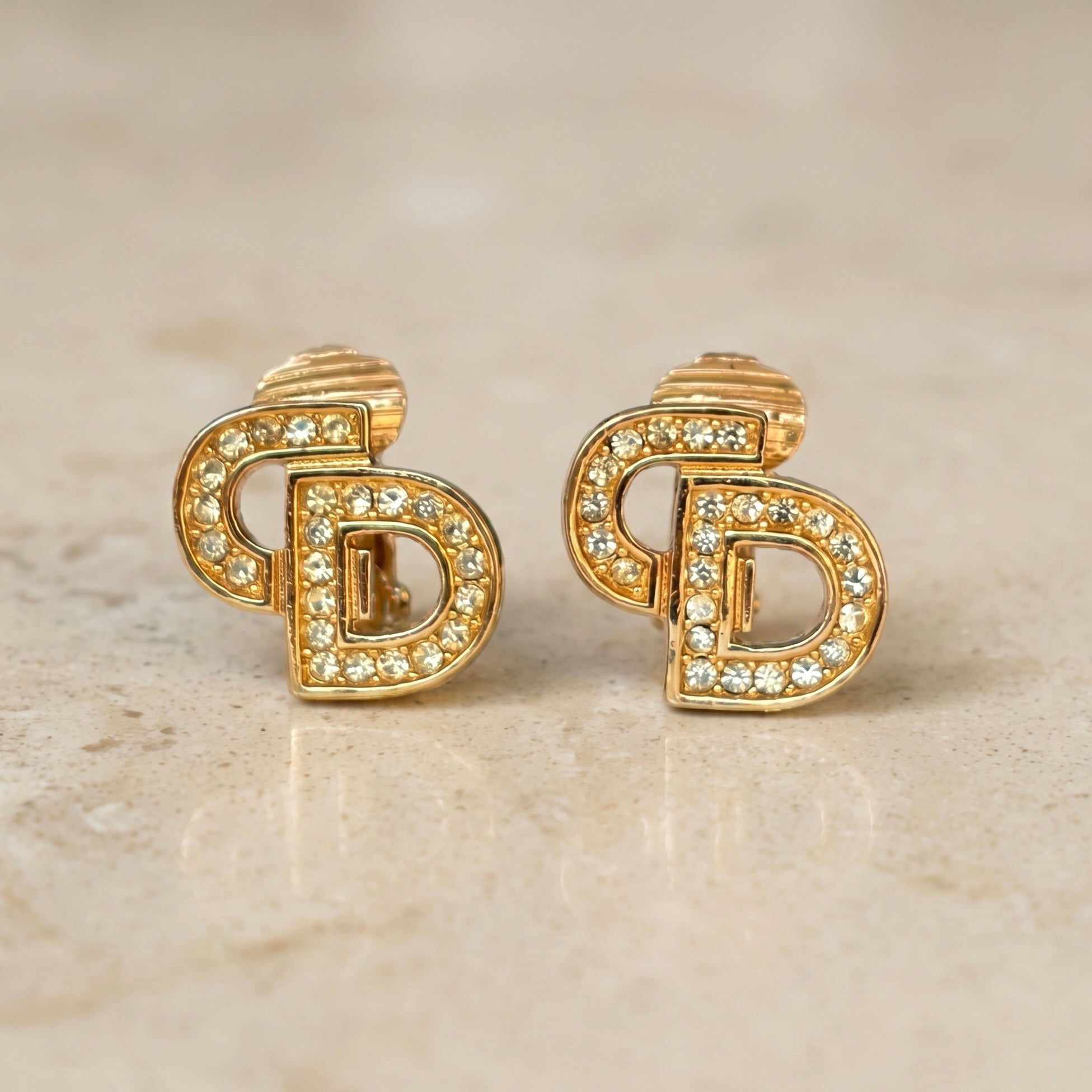 Vintage Gold Christian Dior Rhinestone Clip Earrings