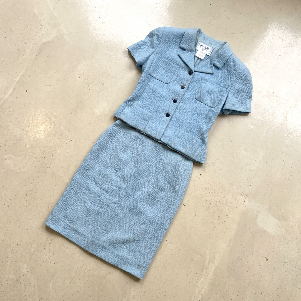 Vintage Baby Blue Chanel Two Piece Suit Set