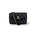 Vintage black Chanel Turnlock matelassé belt bag pouch, front view