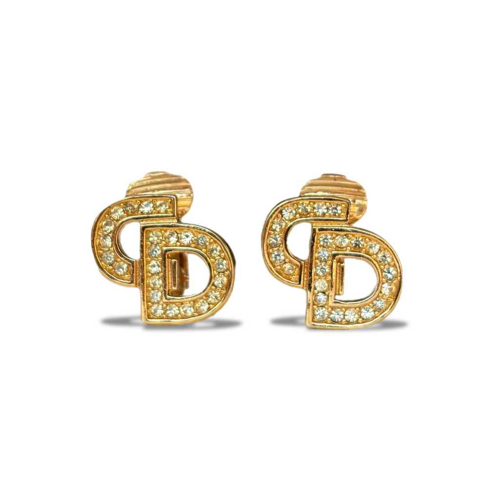 Vintage Gold Christian Dior Rhinestone Clip Earrings