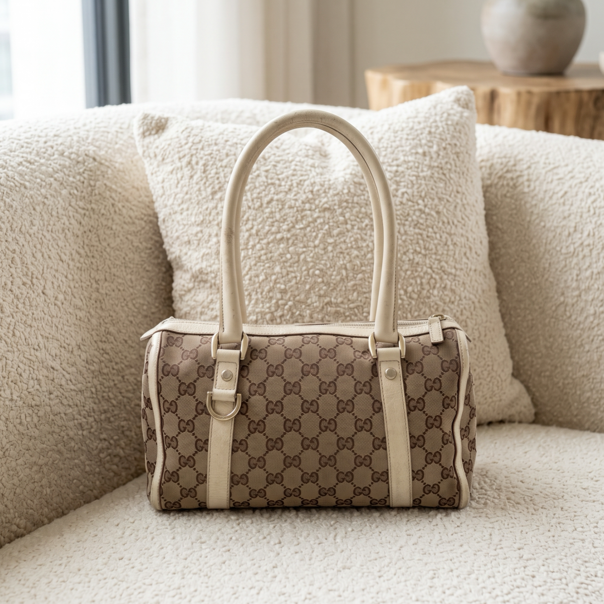 Vintage Beige Gucci Abbey Monogram Shoulder Bag