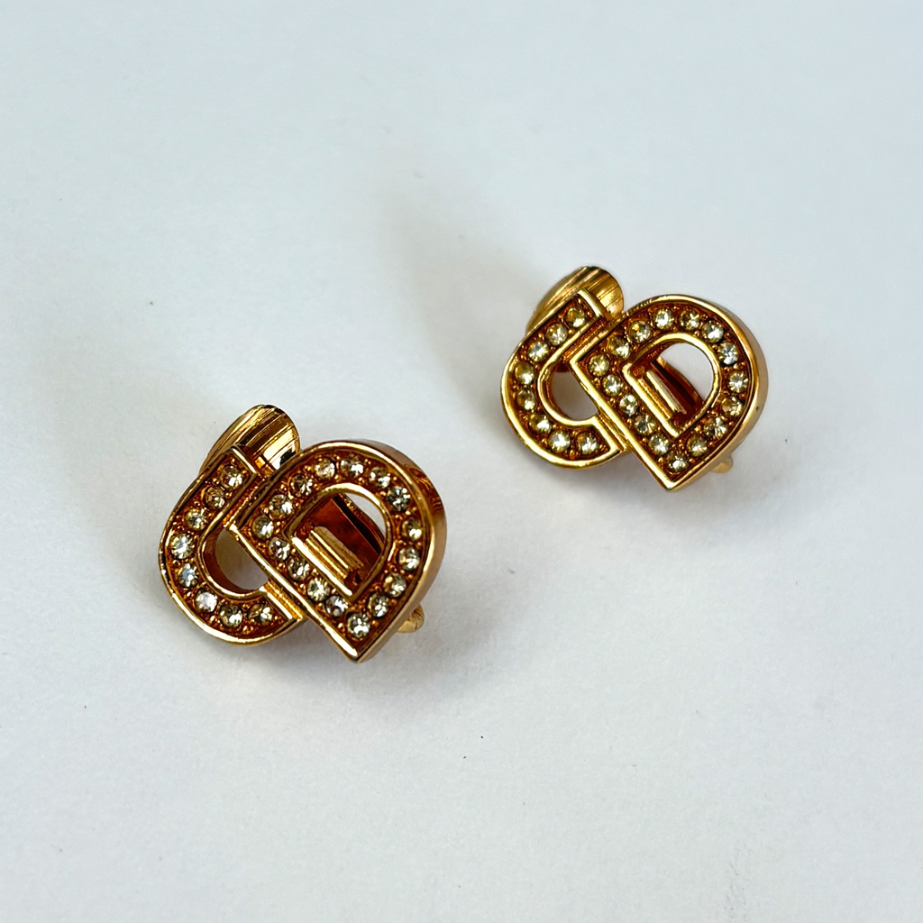 Vintage Gold Christian Dior Rhinestone Clip Earrings