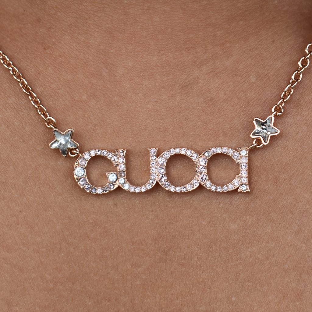 Rose Gold Gucci Crystal Script Necklace